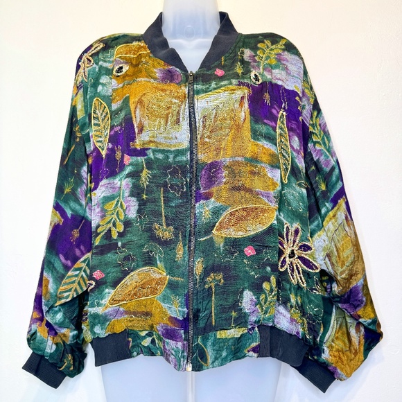 Jane Ashley | VTG Jewel Tone Fall Floral Puff Paint Bomber Oversized Coat Jacket - Picture 3 of 16